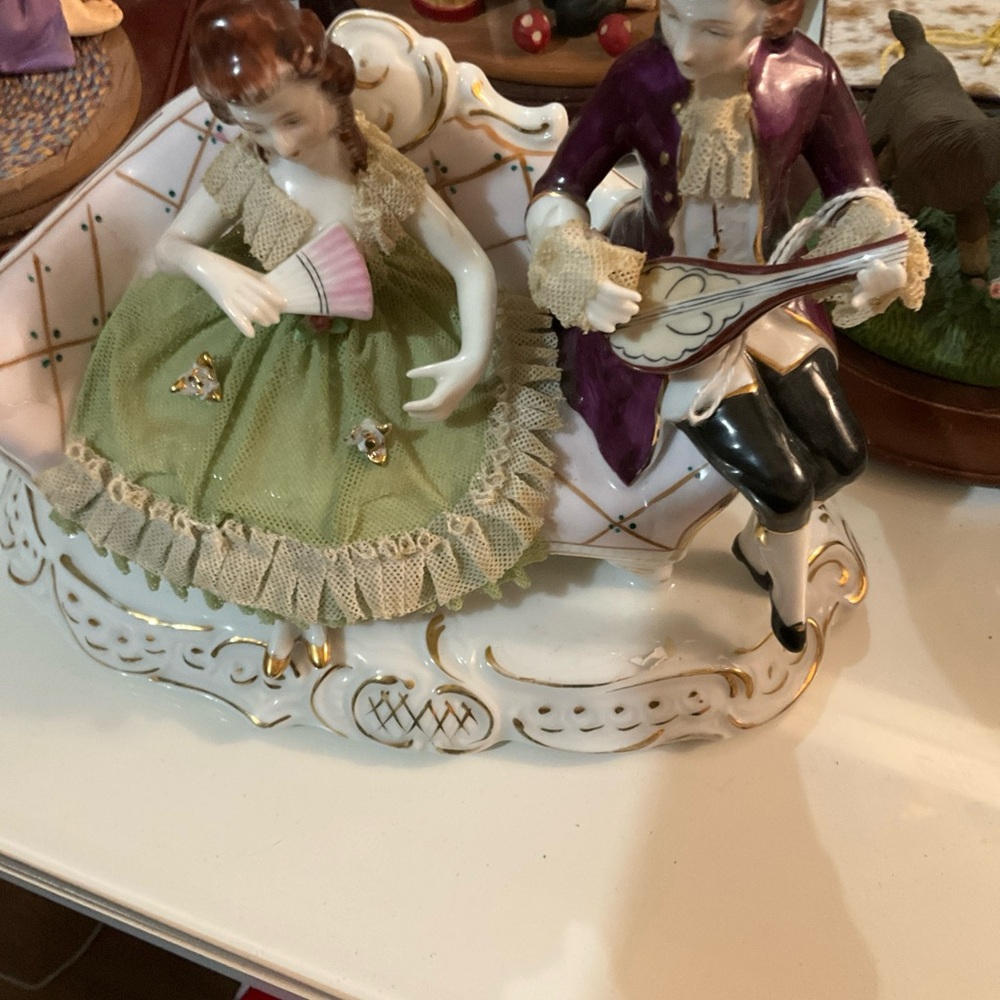 Porcelain Figurine Couple with Fan and Lute